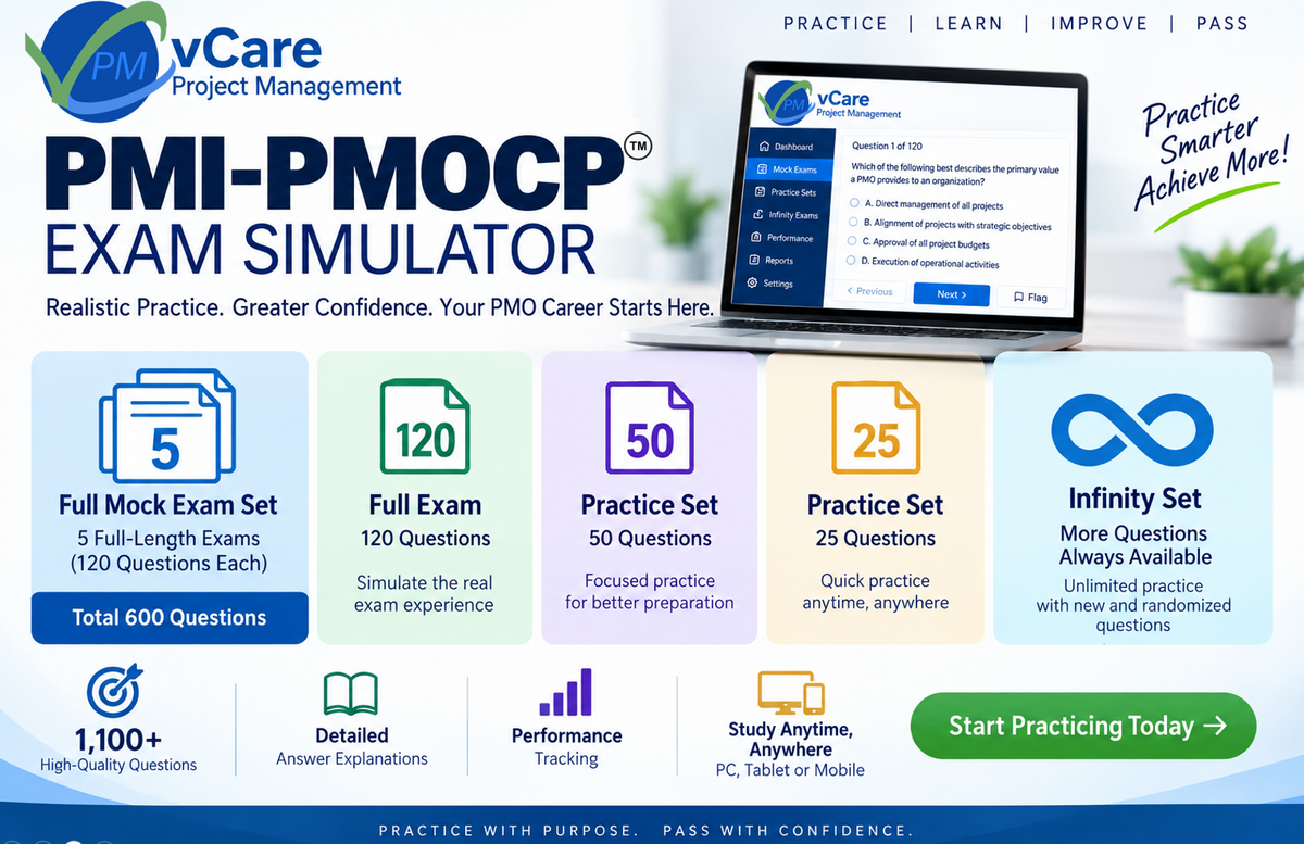 vCare PMI-PMOCP Exam Simulator - 5 plus Infinity (1 Year Access)